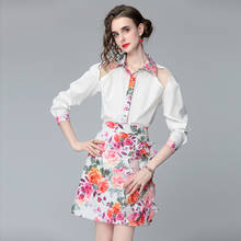 Elegant 2021 Summer Designer Shirt 2 Piece Set Women Sexy Off Shoulder Hit Color Flower Tops + Floral Print Ruffles Skirts Suit 2024 - buy cheap