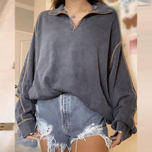 Gray Zipper Lapel Pullover Vintage Oversized Sweatshirt Women Autumn New Design Simple Long Sleeve Casual Streetwear Clothes 2024 - buy cheap