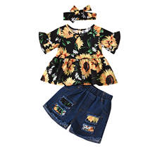 FOCUSNORM-Conjuntos de ropa para niños y niñas de 0 a 3 años, camisetas de manga con volantes y estampado de girasoles, pantalones cortos vaqueros con diadema 2024 - compra barato