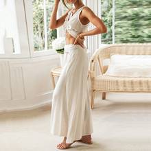 Casual Fashion Two Piece Set Women Linen Drawstring V Neck Crop Top Split Lace Up Pant Wide Leg Trousers Summer Beach 2024 - buy cheap