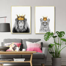 Animais cartaz de ouro coroa pintura da lona leão rei rainha parede arte impressão moderna para sala estar na parede decoração casa 2024 - compre barato