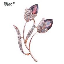 RHao Romantic Purple Crystal Rhinestone Flower Brooches for women and men wedding jewelry Gift Double Flower Brooch broches pins 2024 - buy cheap
