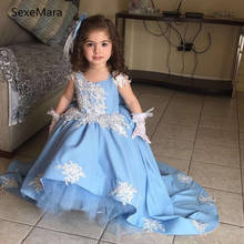 Azul cetim inchado bebê menina aniversário vestidos de festa crianças beleza pageant realização dança vestido celebração vestido 2024 - compre barato