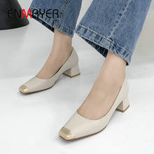 ENMAYER Basic Genuine Leather Square Toe Woman Shoes Slip-On Casual High Heels Spring/Autumn Fashion Pumps Ladies Shoes 34-43 2024 - buy cheap