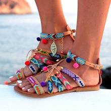 Sandalias planas romanas para mujer, zapatos informales con hebilla en el tobillo, Punta abierta, flores de colores mezclados, estilo nacional bohemio 2024 - compra barato