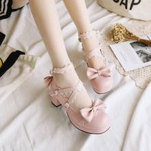 Lolita sapatos femininos arco hong shang yun estilo japonês lolita sapato bonito das meninas de dedo redondo semi-alto sapatos de salto alto loli 2024 - compre barato