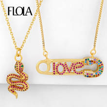 FLOLA Multicolor Snake Necklaces For Women CZ Rainbow Zircon Love Safety Pin Necklaces Pendant Letter Gold Filled Jewelry nkeq55 2024 - buy cheap