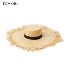 TOMKHU New Women Oversize Hat Big Brim 20CM Raffia Sun Hat Wide Brim Beach Hats Lady Soft Straw Shade Flat Top Hat Dropshipping 2024 - buy cheap