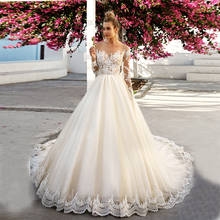 Charming Scoop Long Sleeves Wedding Dress Appliqued Ball Gown Bridal Dress Lace Chapel Train Robe de Mariage 2024 - buy cheap