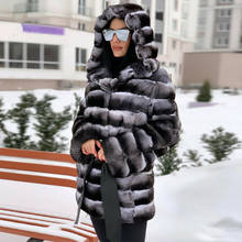 FURSARCAR Luxury Women Natural Rex Rabbit Fur Coat 75cm Long Whole Skin Real Fur Coat Winter Rex Rabbit With Fur Hood Jacket 2024 - buy cheap