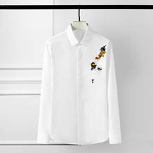 Minglu-camisa de lujo para hombre, camisa de vestir de manga larga con bordado 3d de abeja, color blanco y negro, informal, de talla grande 4xl 2024 - compra barato