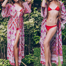 2020 Women Swimsuit Cover Up Sleeve Beach Tunic Dress Solid Flower Print Chiffon Pareo Beach High Collar Cover Up Robe De Plage 2024 - buy cheap