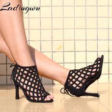 Ladingwu Brands Latin Dance Shoes Balck Suede Laser Dance Shoes Salsa Women Lace-up Dance Boots Ballroom Dance Shoes Cuba Heel 1 2024 - buy cheap