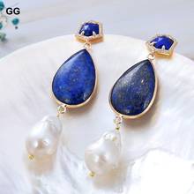 GuaiGuai Jewelry Natural White Baroque Keshi Pearl Blue Lapis Lazuli Gold Color Plated Dangle CZ Stud Earrings For Women 2024 - buy cheap