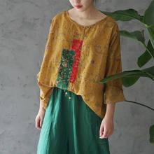 SCUWLINEN 2021 Spring Autumn Retro Women Top Vintage Print Patchwork Pullover Loose Long-sleeve Cotton Linen T-shirt P351 2024 - buy cheap