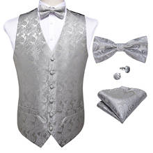 Men Silver Paisley Suit Vest Silk Waistcoat Formal Paisley BowTies Cufflinks Pocket Square Set Tuxedo Male Gift J-110 Dobby 2024 - buy cheap
