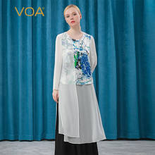 VOA Silk Jacquard White Background Blue Oil Color Printed Crew Neck Perspective Long Sleeve Contrast Stitching T-shirt BE316 2024 - buy cheap