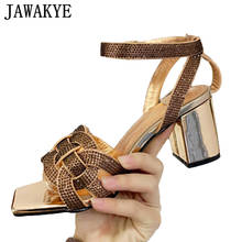 New braid Woven Leather  Women Sandals Square Toe Chunky Heel Gladiator Sandals Brand Champagne Crystal Runway Shoes Woman 2024 - buy cheap