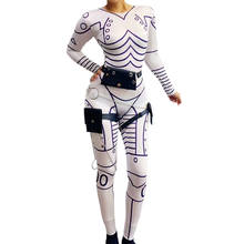 Novas bodysuits do estilo punk robô, estampadas brancas, macacão elástico para mulheres, roupas de festa de dia das bruxas, palco de natal, fantasia de carnaval 2024 - compre barato