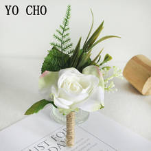 YO CHO White Silk Rose Groom Boutonniere Wrist Corsage Bracelet Bridesmaids Flower Wedding Groomsmen Boutonniere Buttonhole Prom 2024 - buy cheap