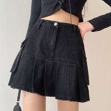 Women's Mini Pleated Denim Skirts Punk Style High Waist Solid Color A-Line Short Skirt Girls Summer Jeans Pockets Decor 2024 - buy cheap