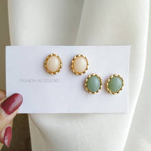 Korean INS Vintage Temperament Small White Stone Clip on Earrings Elegant Resin Round Green Stone Ear Clips No Hole Earrings 2024 - buy cheap