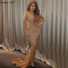 Dubai Gold V-Neck Sexy Mermaid Evening Dresses 2021 Sequins Beading Long Sleeves Luxury Formal Dress Serene Hill LA70320 2024 - buy cheap