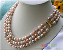 HOT Wholesale  3ROW 8-9MM multicolor ROUND FRESHWATER PEARL necklace 2024 - buy cheap