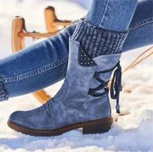 2020 Women Boots Fashion Autumn PU Mid-Calf Boots With Back Lace-up Design Boots Solid Color Low Heels Winter Shoes Botas Mujer 2024 - buy cheap