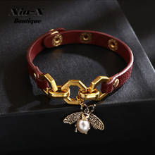 2021 New Vivid Bee Pendant Charms Bracelets & Bangles For Women Punk Brown Red Leather Bracelet Snaps Wristlet Female Jewelry 2024 - buy cheap