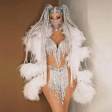 Silver Sequins Tassel Bikini Mesh Fringe Coat Three-piece Set Party Outfit Nightclub Dance Costume Singer Dancer Stage Wear 2024 - buy cheap