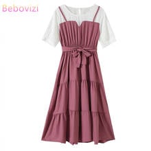 Fake Two Pieces 2020 New Red Purple Korean Dress Elegant Summer  O-neck A-line Sweet Midi es for Woman 2024 - buy cheap