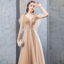 New Champagne V-neck Beading Lace Up Robe De Soiree Tulle Backless Long Bridesmaid Dresses 2020 Wedding Party Gowns 2024 - buy cheap