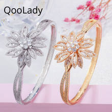 Qoolady 2020 fashion lindo bracelete feminino de noiva com detalhes florais grandes em zircônia cúbica dourada amarela joias para festa de casamento k009 2024 - compre barato