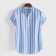 Hawaii Mens Shirt Blouse Striped Henry Colla Loose Short Sleeve Casual Buttons Cotton Linen Beach Shirt Men Dress Chemise Homme 2024 - buy cheap