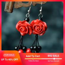 Hanging drop earrings for women red carved lacquerware flower black natural stone bead zinc alloy hook ethnic vintage jewelry 2024 - buy cheap
