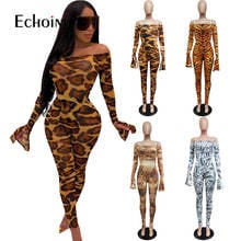 Echoine Leopard Sexy 2 Piece Set Club Outfits Women Off The Shoulder Flare Sleeve Bandage Jumpsuit and Pencil Pants Sweat Suits 2024 - buy cheap