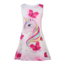 Vestido de verano sin mangas con diseño de unicornio y mariposa para niñas, ropa de princesa con motivos florales de dibujos animados para fiestas de cumpleaños 2024 - compra barato