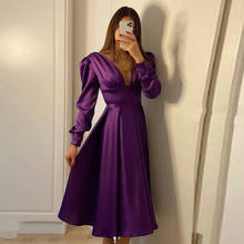 Eightale roxo vestidos de noite com mangas compridas com decote em v comprimento do chá cetim feito sob encomenda curto vestido de baile vestido de festa árabe 2021 2024 - compre barato