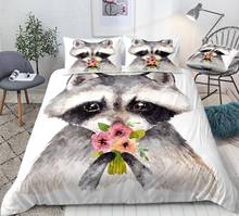 Juego de cama de mapache para niños y niñas, ropa de cama de dibujos animados, bonito Animal con flores, juego de edredón, ropa de cama blanca, Queen y King 2024 - compra barato