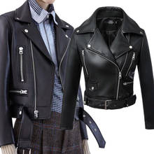 Jaquetas de couro do falso cor preta moda feminina primavera zíper básico casaco turn-down collar biker jacket 2024 - compre barato