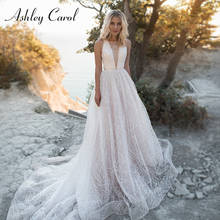 Ashley Carol A-Line Wedding Dress 2022 Elegant Backless V-Neck Beach Bride Sleeveless Sequined Tulle Chapel Train Bridal Gown 2024 - buy cheap