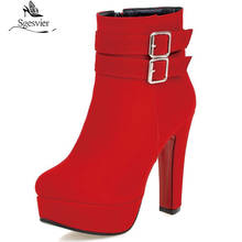 Женские ботильоны на платформе sgesвье, черные, красные короткие ботинки из флока с пряжкой, большие размеры, зима-осень 2024 - купить недорого
