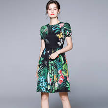 Menahem vestido de verão com estampa de flores da selva tropical, manga bufante, gola redonda, feminino elegante, cintura alta, 2021 2024 - compre barato