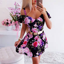 2021 Summer V-Neck Womens Mini Dress Off Shoulder Vintage Floral Print Ruffled Short Sleeve Dress Elegant Party Dresses Vestidos 2024 - buy cheap