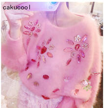 Cakucool-suéteres de pelo de visón para mujer, suéter suelto con cuentas de diamantes rosas, ala de murciélago, cuello redondo, Primavera 2024 - compra barato