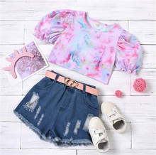 Girls Clothing Sets New Summer 2021 Casual Kids Toddler Girls Tie Dye Print Puff Sleeve T-shirts Tops+Ripped Hole Denim Shorts 2024 - buy cheap