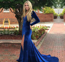 2019 Mermaid Royal Blue Velvet Prom Dress Sexy V Neck Long Sleeves Formal Holidays Wear Graduation Evening Party Gown Plus Size 2024 - buy cheap