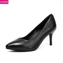 Zapatos de trabajo de cuero negro para mujer, calzado de tacón fino, de azafata profesional, de boca baja, puntiagudos, gruesos, individuales 2024 - compra barato