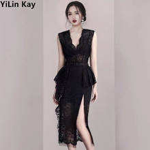 2020 High-grade summer woman lace dress European and American lace little sexy V-neck slim sleeveless slit party dress 2024 - buy cheap